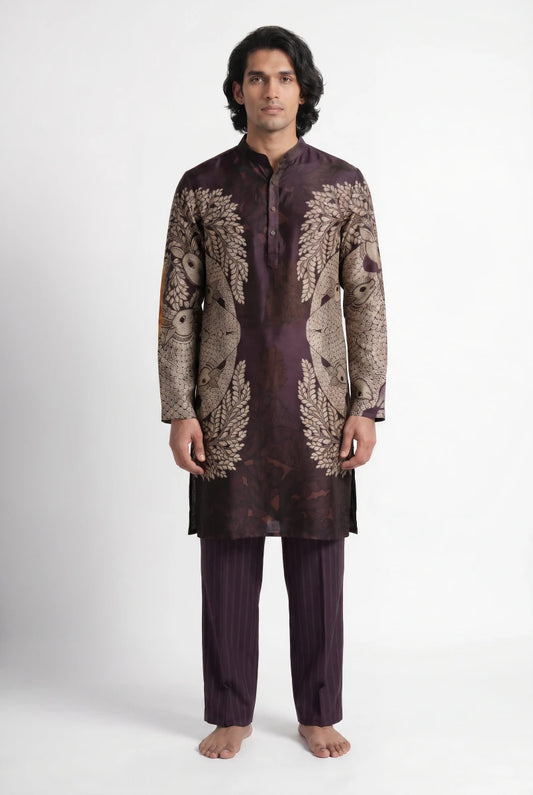 Gond Life Kurta - Men - Brown - Cotton Satin - Naymish Designs