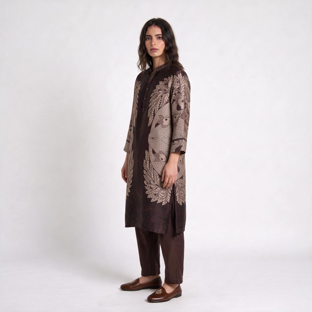 Gond Life Women Kurta Brown 3 quarter sleeves - Naymish Designs