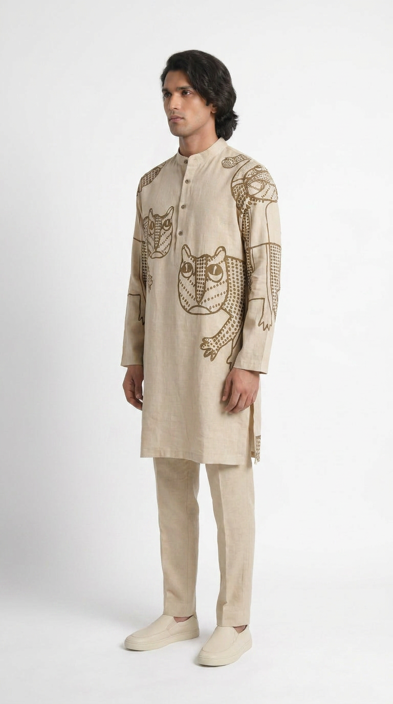 Gond Tiger Kurta Set Men kurta side model view