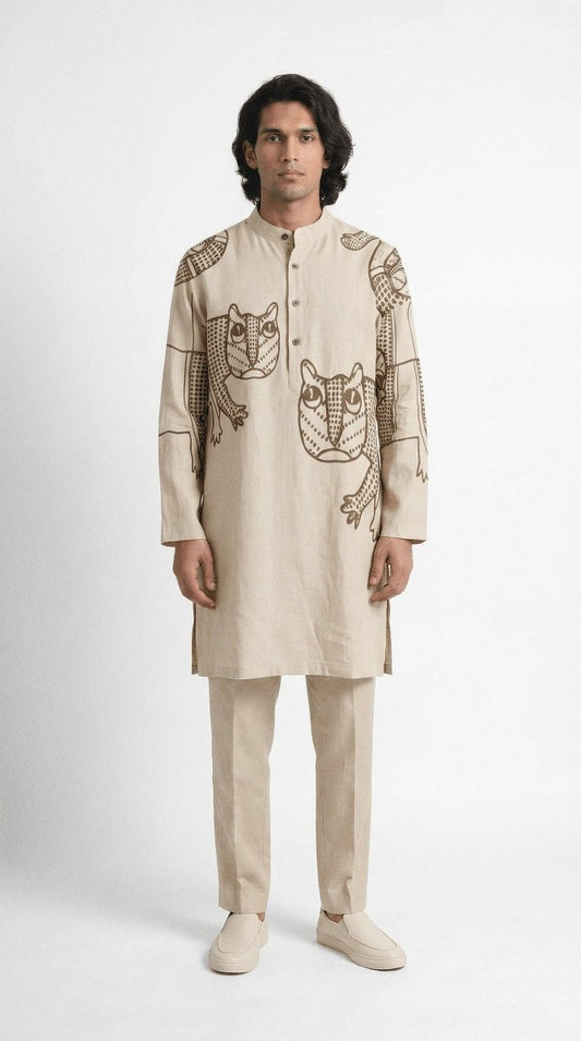 Gond Tiger Kurta - Men - Beige - Cotton Satin - Naymish Designs