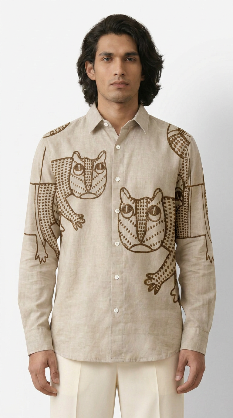 Gond Tiger Shirt Men front detail model view