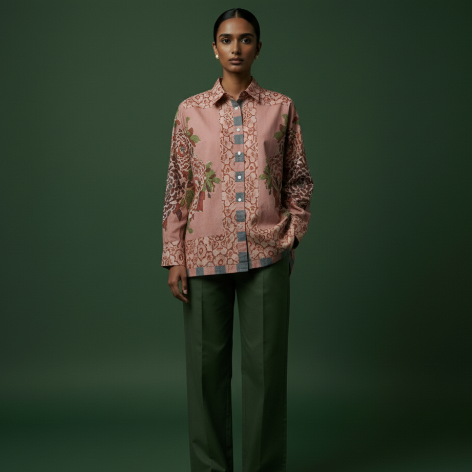 Woman wearing a patterned blouse and green pants on a dark green background