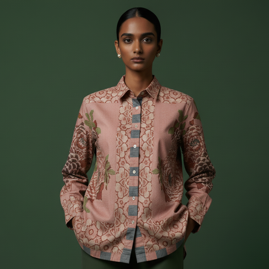 Woman wearing a patterned shirt against a green background