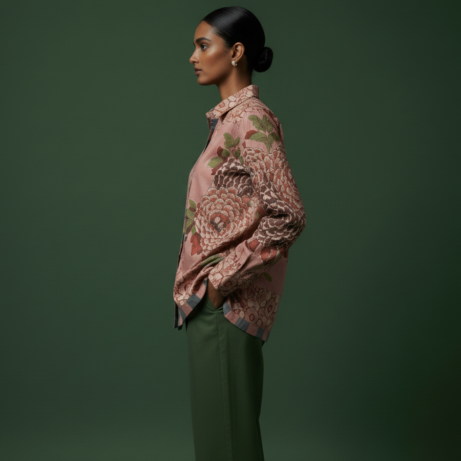Woman wearing a patterned blouse and green pants against a dark green background