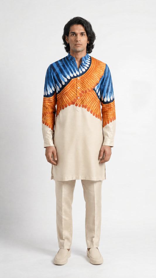 Kalighat Fire men's kurta, beige Cotton Satin with blue and orange feather-wing print, front view on model