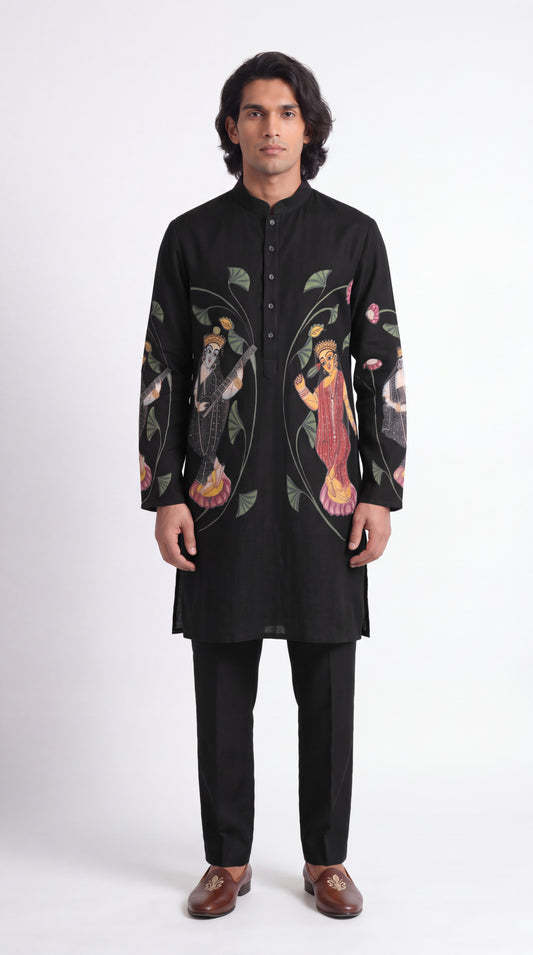 Kalighat Prosperity kurta, black Cotton Satin with Kalighat art print, front view on male model