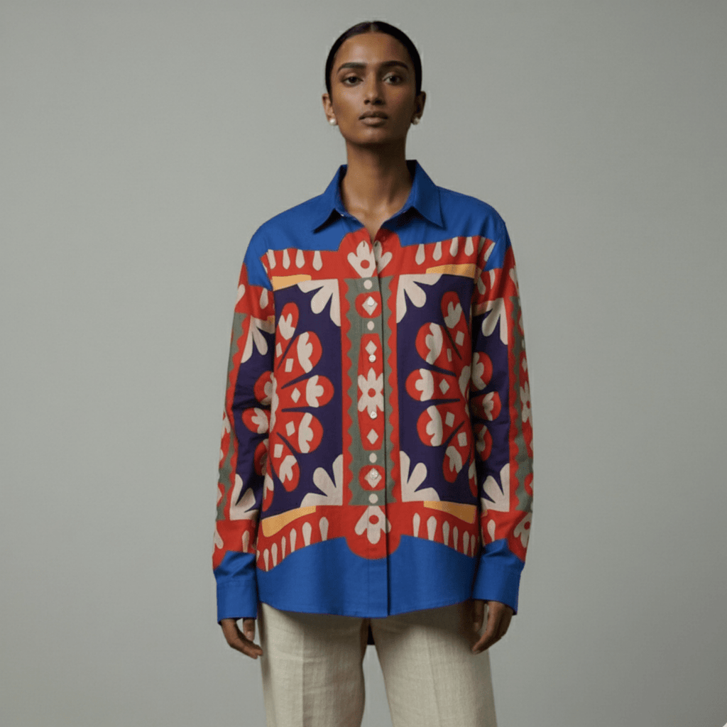 Kanaat - Blue Shirt for Women in Cotton and LInen - Naymish Designs