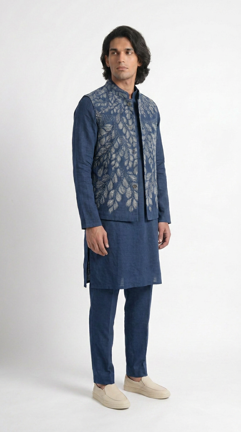 Gond Leaf Set Blue Men vest front view