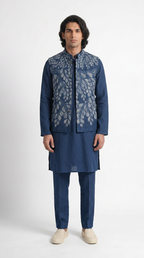Gond Leaf Set Blue Men waistcoat front view