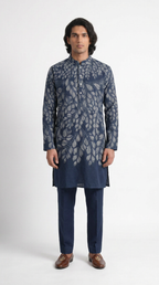 Gond Leaf Set Blue Men kurta front view