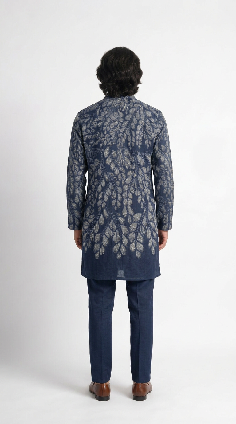 Gond Leaf Kurta Men Blue back view