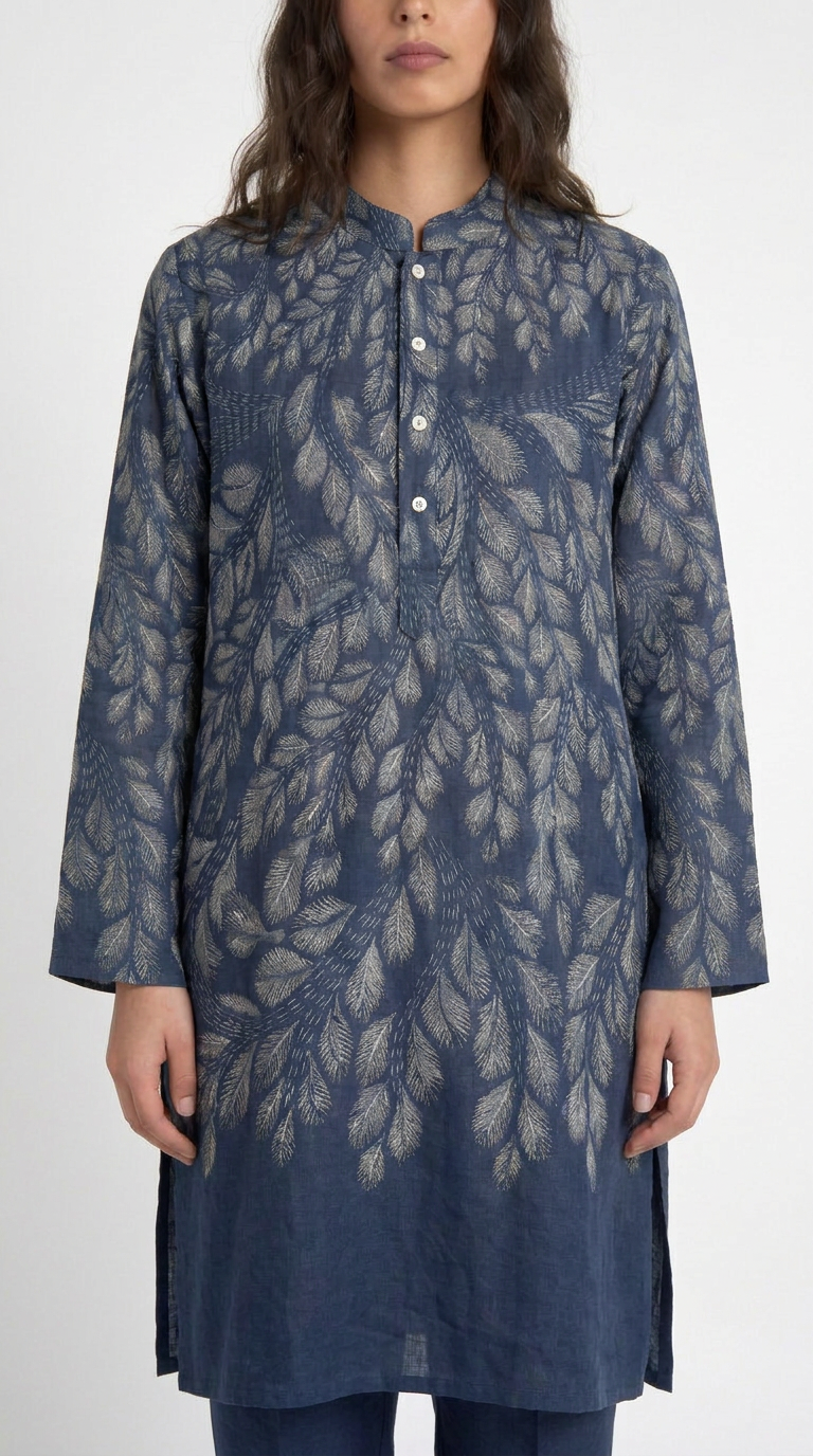 Gond Leaf Kurta Women Blue front close-up