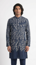 Gond Leaf Kurta Men Blue full front view
