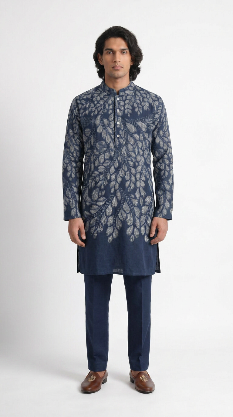 Gond Leaf Kurta Men Blue front shot
