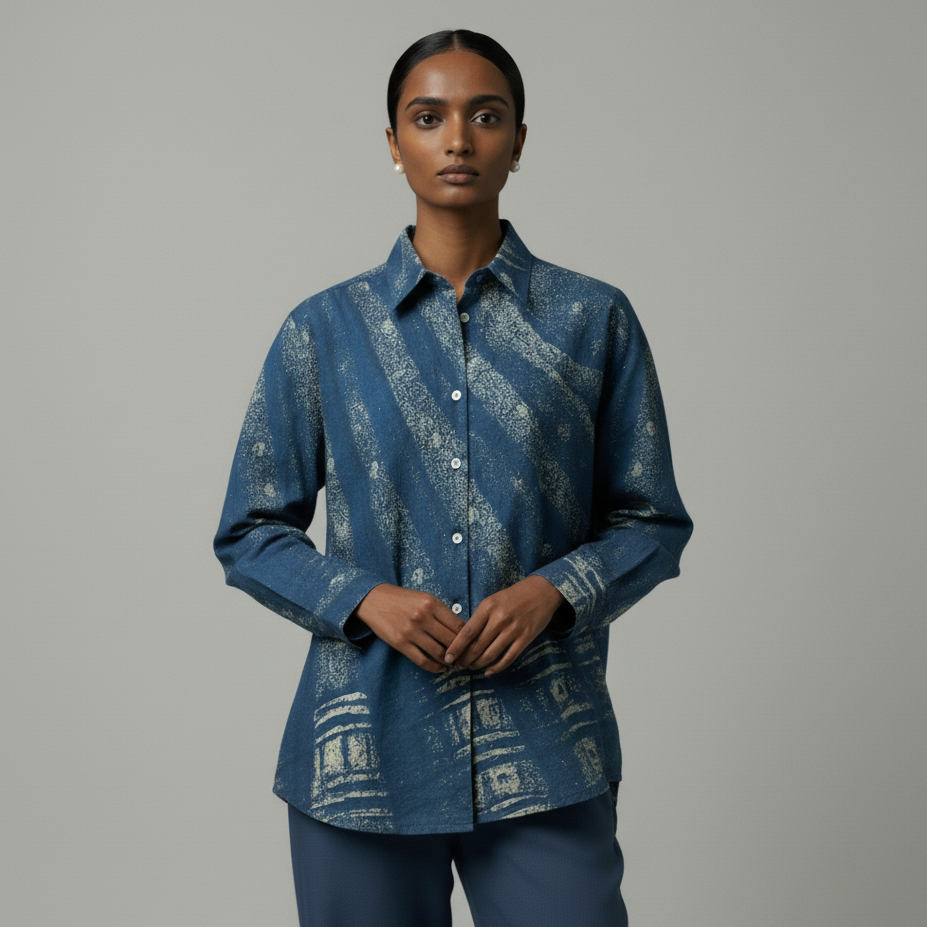 Woman wearing a blue patterned shirt and pants on a gray background