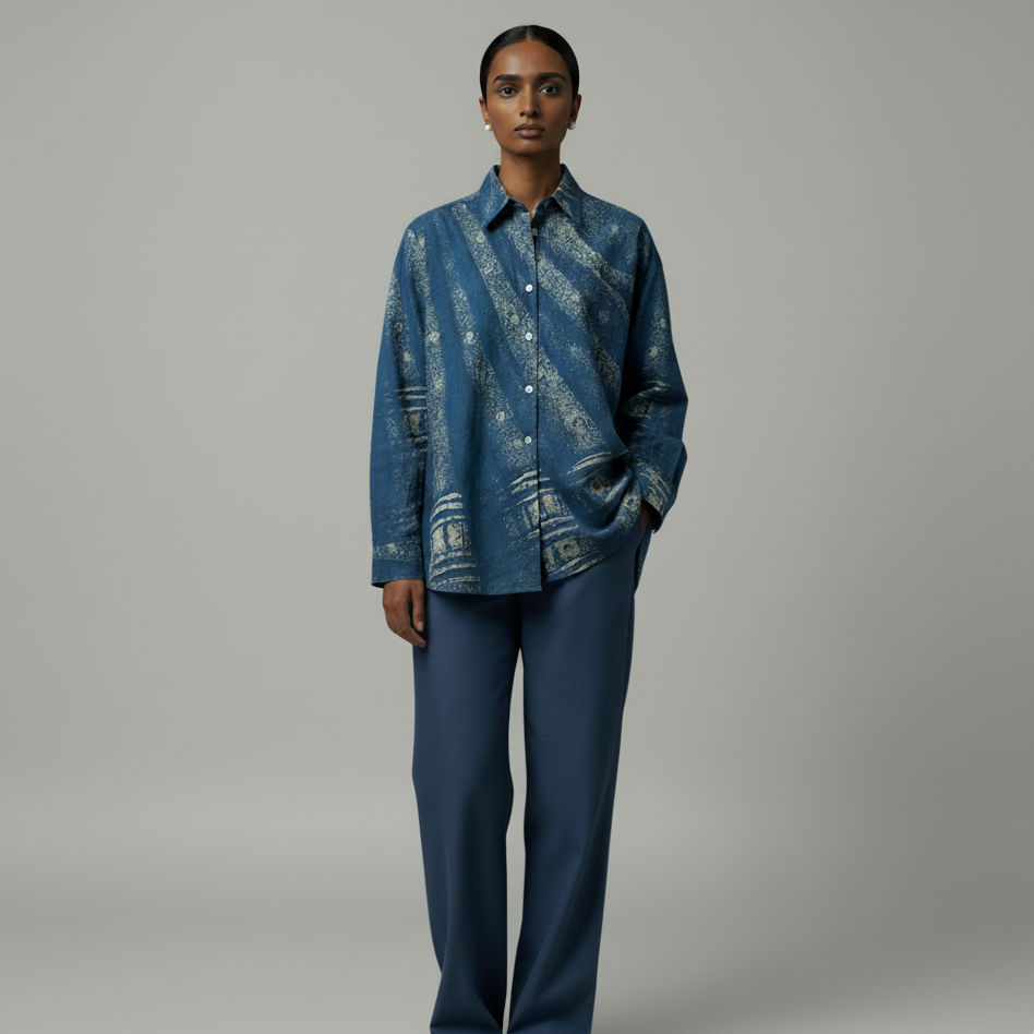 Person wearing a blue patterned shirt and pants on a gray background