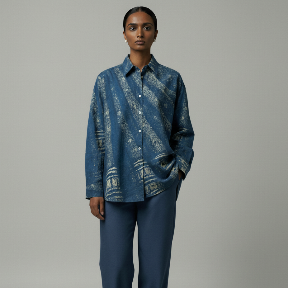 Woman wearing a blue patterned shirt and pants on a gray background