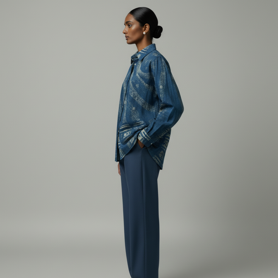 Woman wearing a blue patterned outfit on a gray background