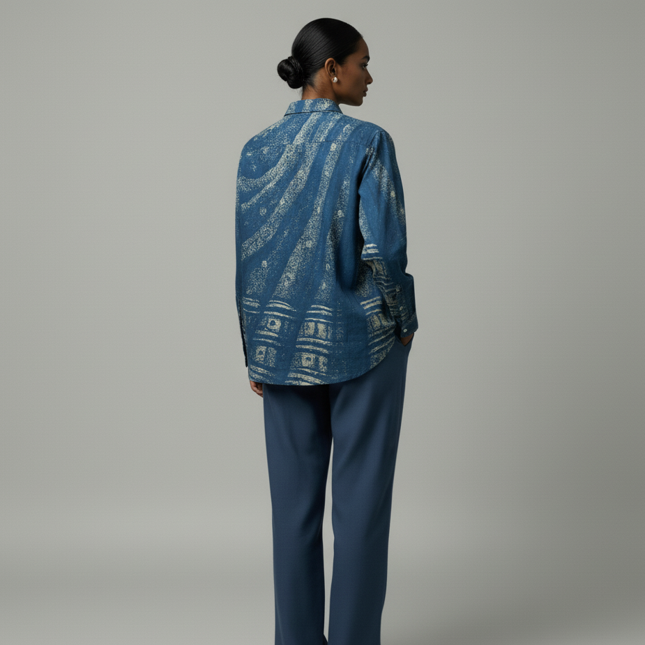 Woman wearing a blue patterned shirt and pants on a gray background