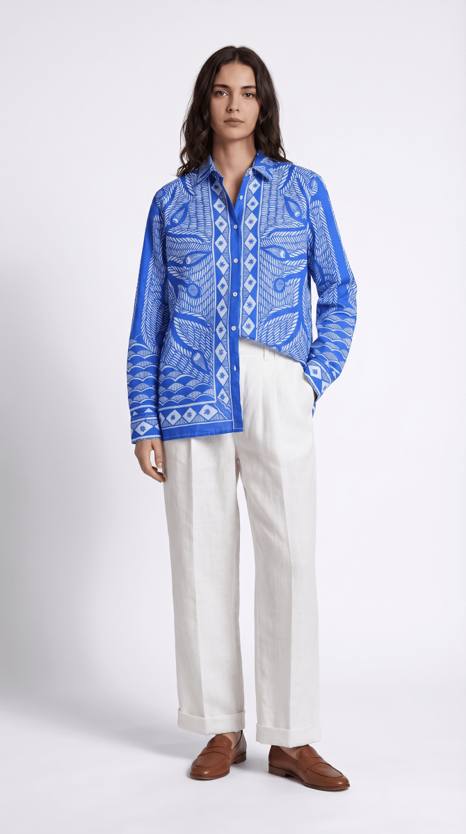 Madhubani Blue Shirt for Women - Luxury Designer | Soft Cotton or Pure Linen  - Naymish Designs