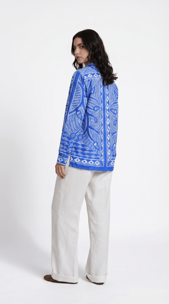 Madhubani Blue Shirt for Women - Luxury Designer | Soft Cotton or Pure Linen  - Naymish Designs