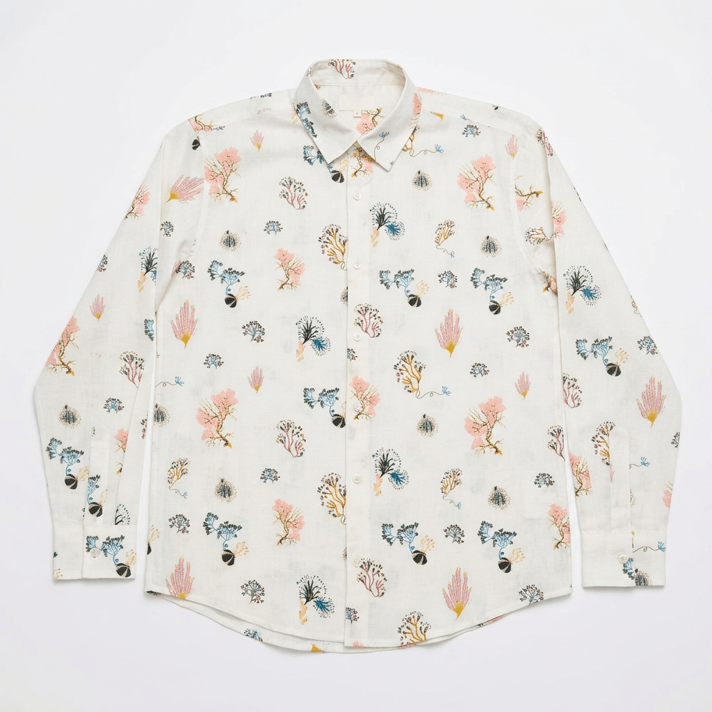 Marine Life Coral Shirt Men - White Available in Cotton and Linen - Naymish Designs