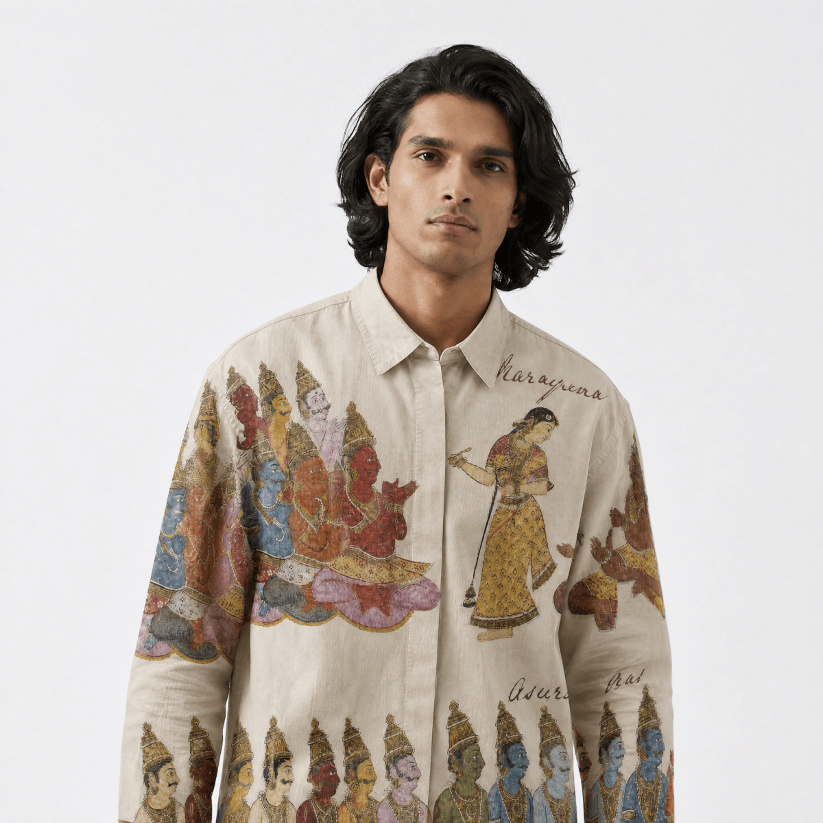 Close view of the Mohiniroopa vintage shirt showing the artwork across the chest