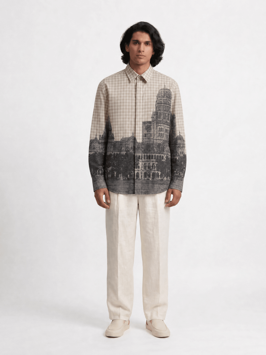 Mumbai Shirt Men - Cotton - Vintage - Beige - Check - Naymish Designs