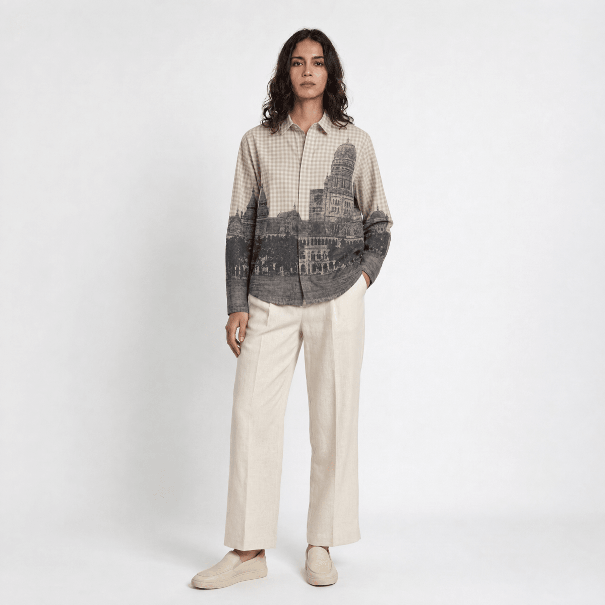 Mumbai Shirt Women - Cotton - Vintage - Beige - Check - Naymish Designs