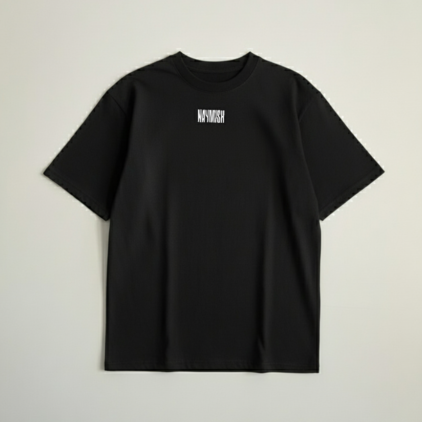 Black t-shirt with a small white logo on a light gray background