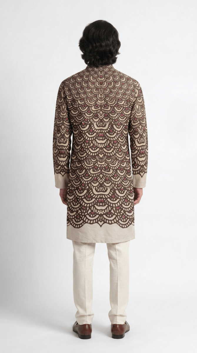 Naymish Cotton Men Kurta — Fish Scale — Black — Festive Wear - Naymish Designs