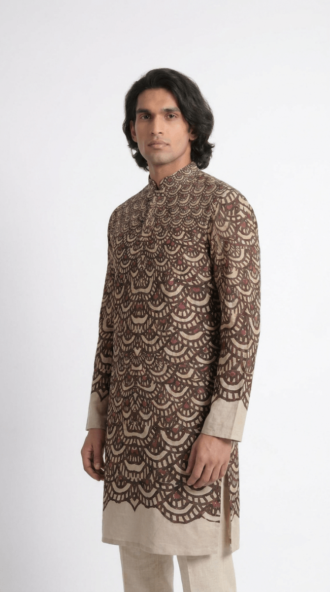 Naymish Cotton Men Kurta — Fish Scale — Black — Festive Wear - Naymish Designs