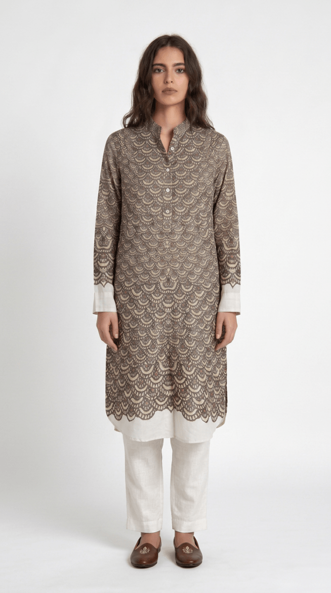 Naymish Cotton Women Kurta — Fish Scale — Black — Festive Wear - Naymish Designs