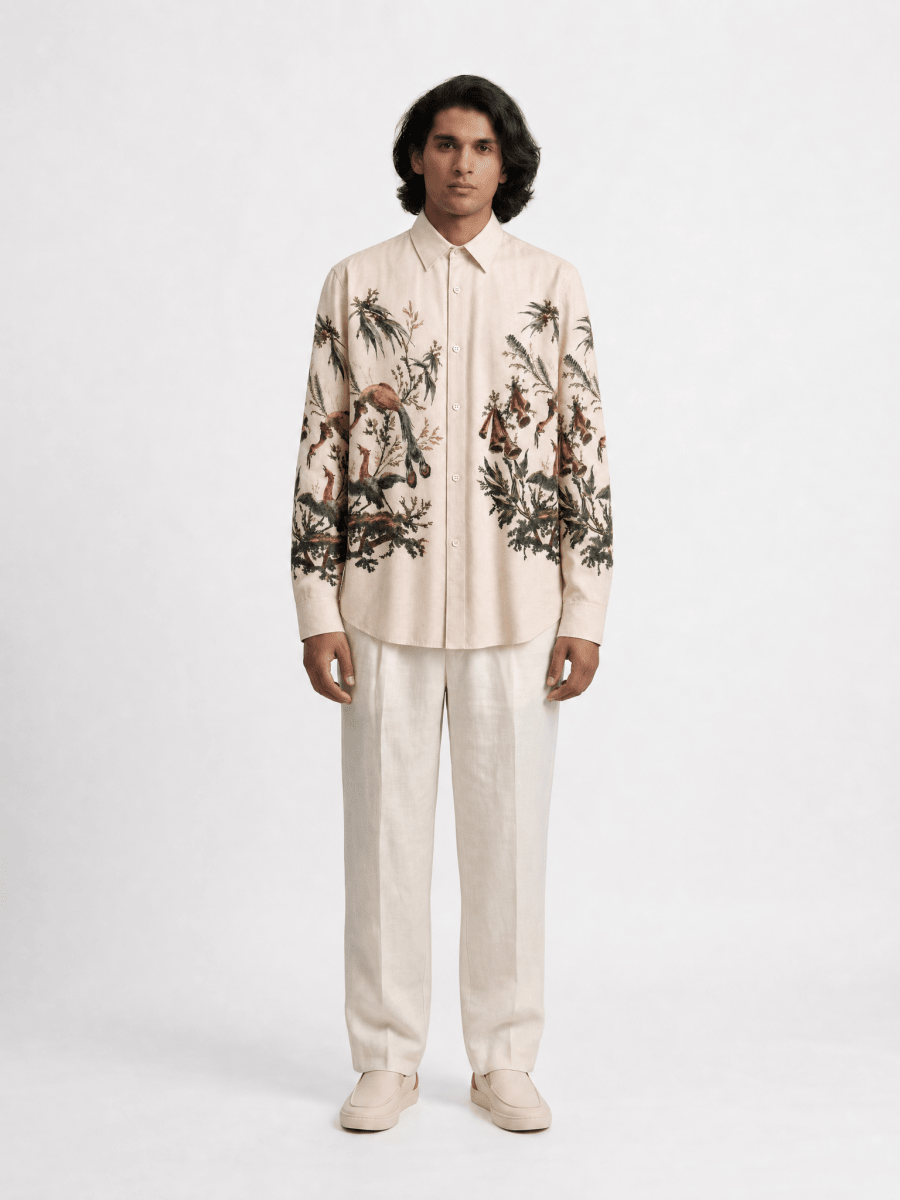 Naymish Giza Cotton Men Shirt — Aviary Bloom Printed — Off White - Naymish Designs