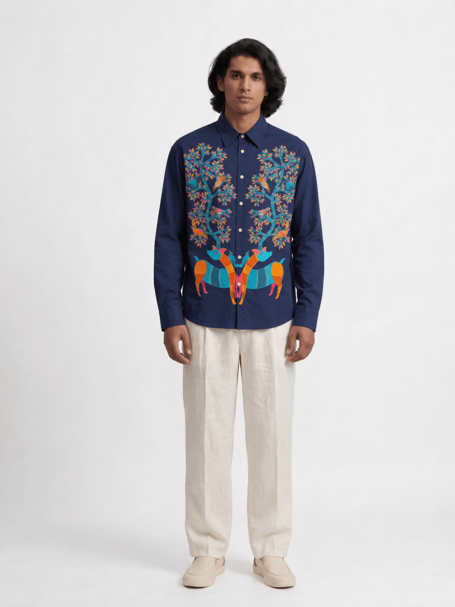 Naymish Giza Cotton Men Shirt — Gond Blue Tree — Blue - Naymish Designs