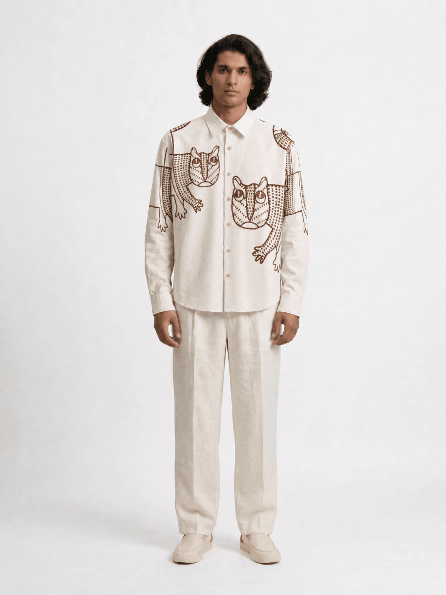 Naymish Giza Cotton Men Shirt — Gond Tiger — Red - Naymish Designs