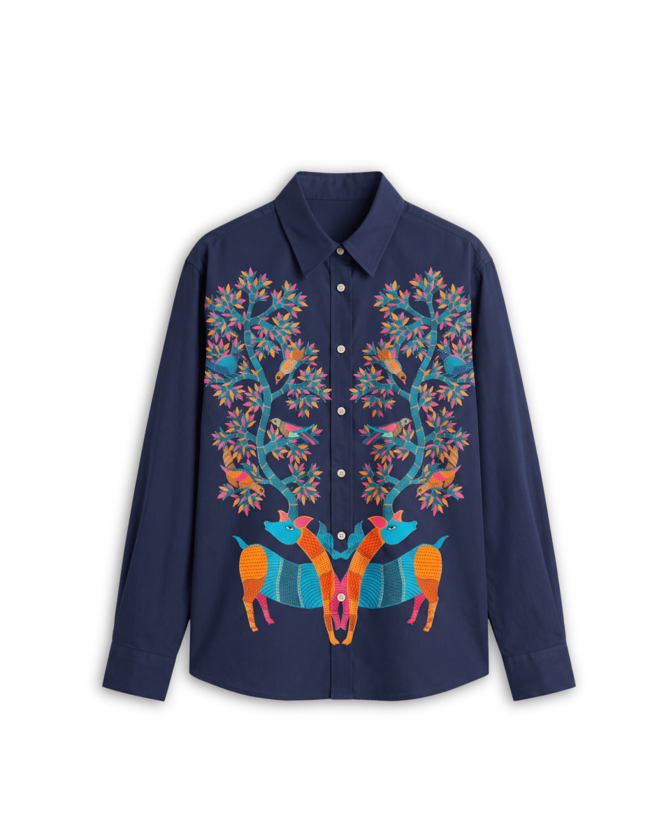 Naymish Giza Cotton Women Shirt — Gond Blue Tree — Blue - Naymish Designs
