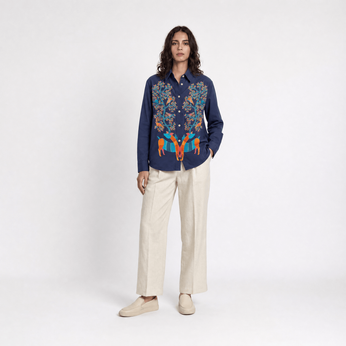 Naymish Giza Cotton Women Shirt — Gond Blue Tree — Blue - Naymish Designs