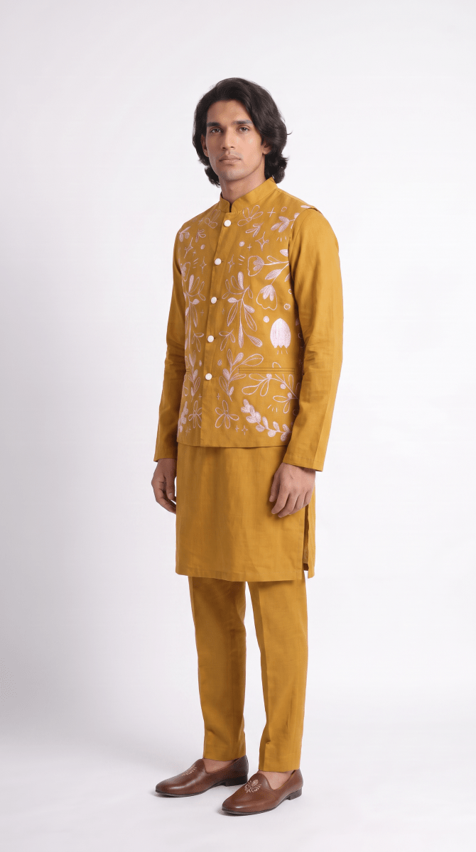 Naymish Men Jackets — Flowerchild Nehru — Yello — Occasion Wear - Naymish Designs