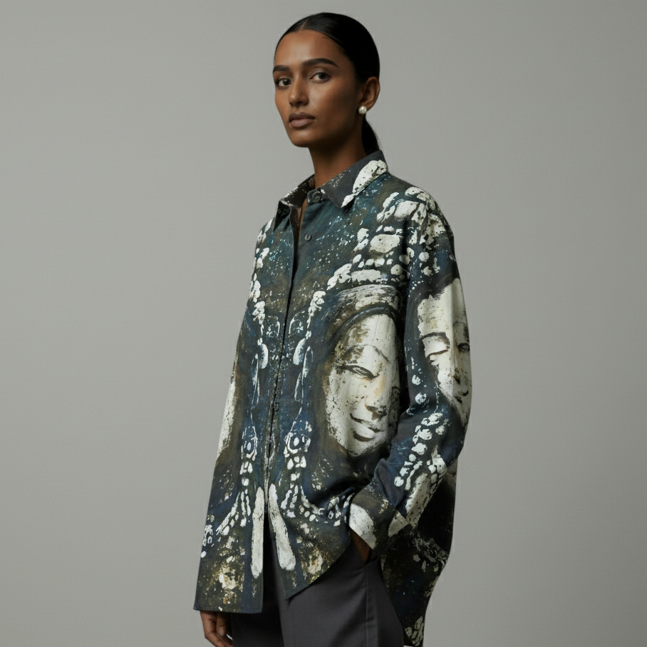 Woman wearing a patterned jacket on a gray background