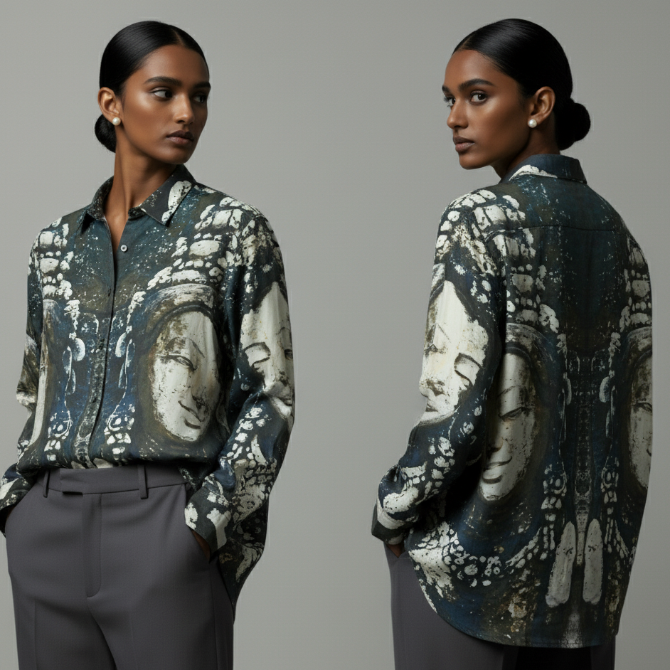 Woman wearing a patterned shirt and gray pants, shown from front and back on a gray background.