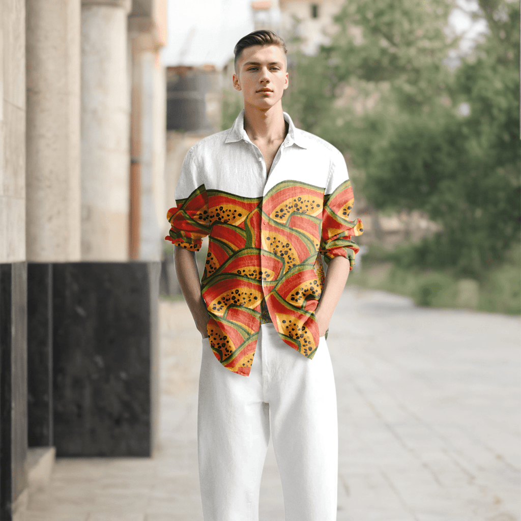 Papaya - Orange Quirky Holiday Shirts for Men Available in Cotton and Linen - Naymish Designs