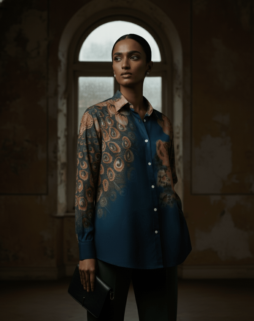 Peacock on the Wall Shirt for Women - Luxury Designer | Soft Cotton or Pure Linen  - Naymish Designs