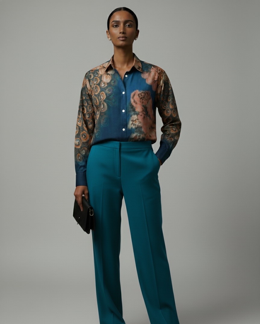 Woman wearing a patterned blouse and teal pants against a gray background