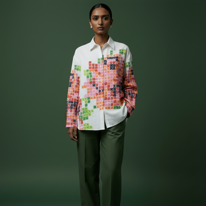 Pixel Printed White-Pink Shirt for Women