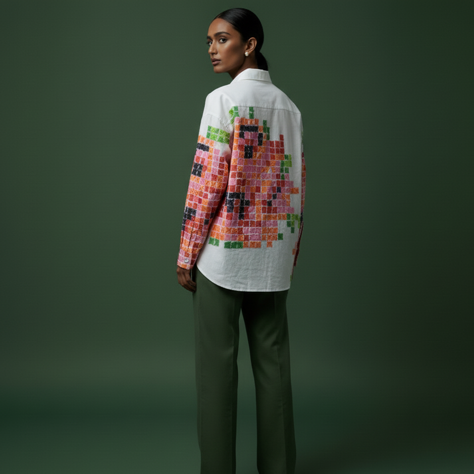 Pixel Printed White-Pink Shirt for Women