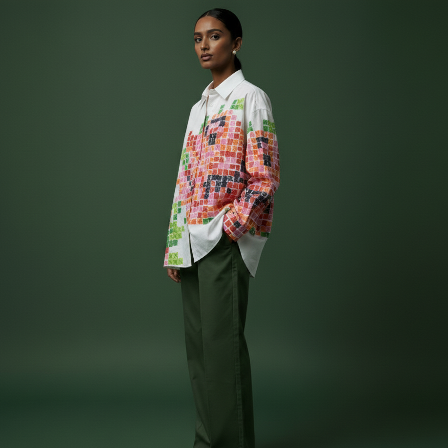 Pixel Printed White-Pink Shirt for Women