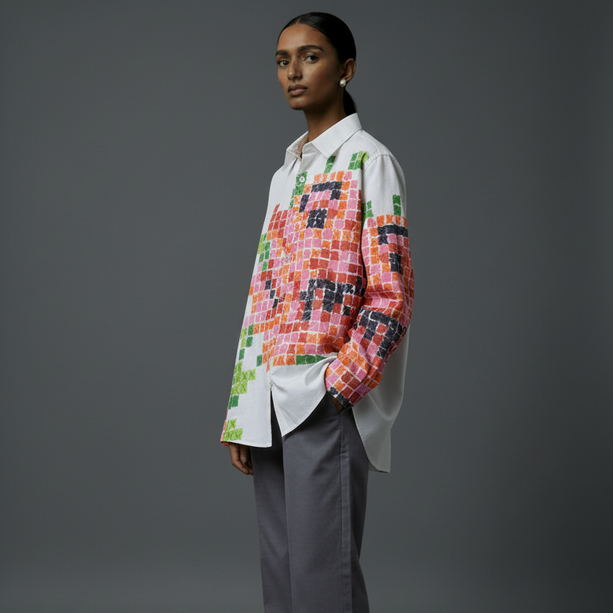 Pixel Printed White-Pink Shirt for Women