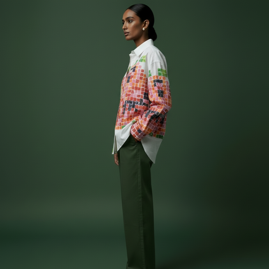 Pixel Printed White-Pink Shirt for Women