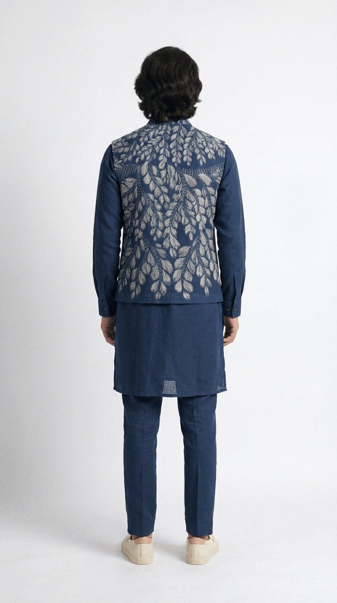 Plain Blue Kurta Pajama Set - Men - Cotton Satin - Naymish Designs